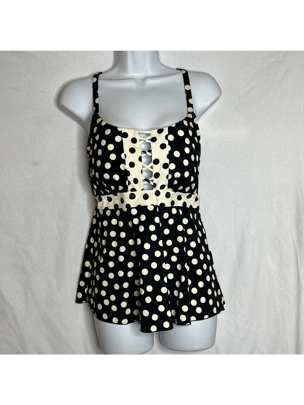 Lands End Women's 12 Black Cream Polka Dot Tankini Bathing Suit Swim Top